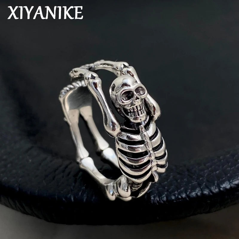 XIYANIKE Vintage Thai Silver Skull Skeleton Cuff Finger Rings For Women Punk Fashion New Jewelry Gift Party anillos mujer