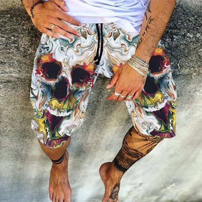 Fashion Skulls Print Mens Shorts Spring Summer Loose Drawstring Tie-up Casual Short Pant Leisure Men Vacation Beach Shorts