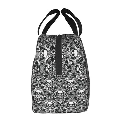 Vintage Halloween Gothic Black Skull Damask Lunch Bag Portable Thermal Cooler Insulated Bento Box For Women Kids Food Tote Bags