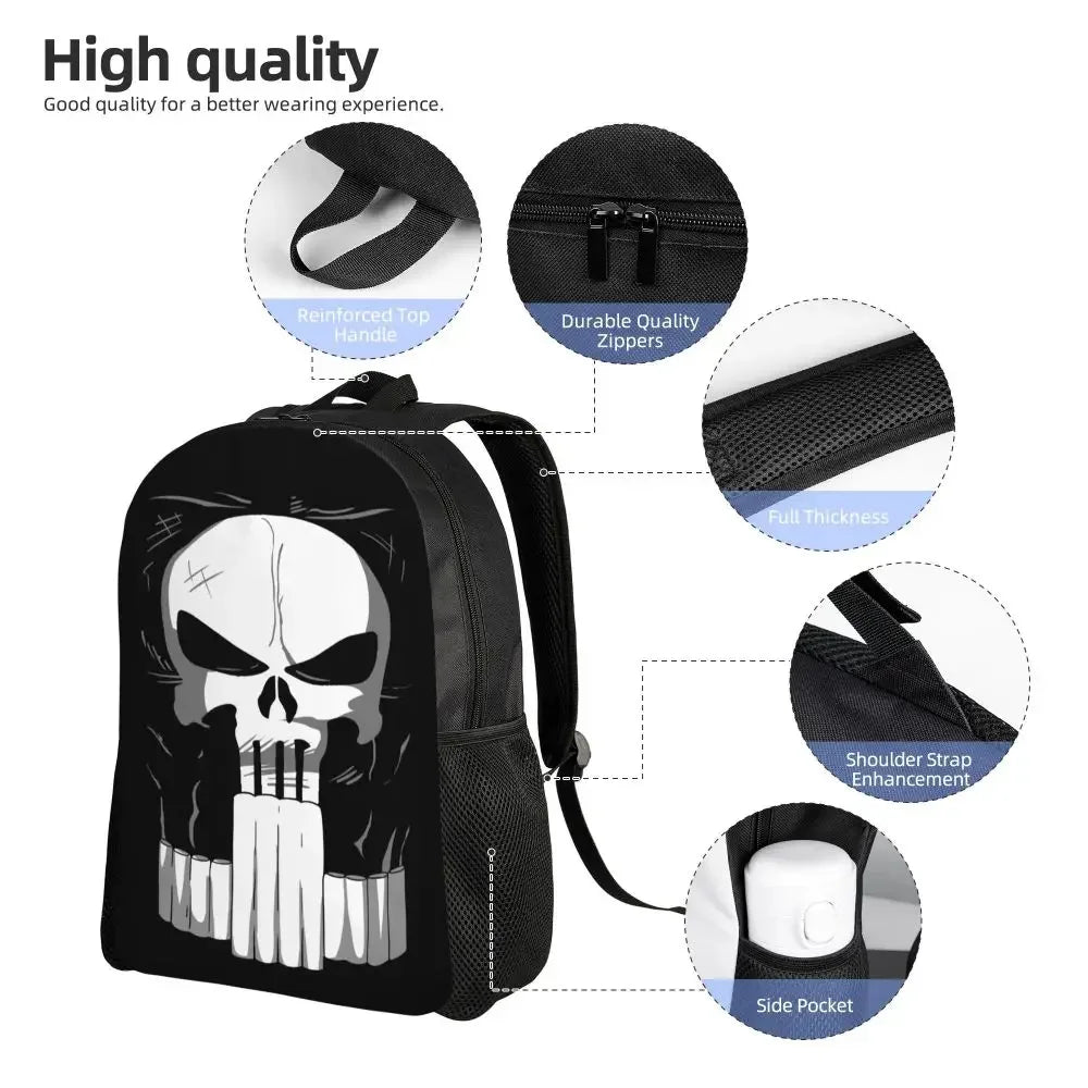 Customized Superhero Backpack Men Women Basic Bookbag for College School Punisher Skull Symbol Bags