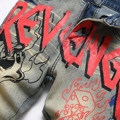 Men Graffiti Print Stretch Denim Jeans Flame Skull Devil Painted Slim Tapered Pants Streetwear Vintage Pockets Cargo Trousers