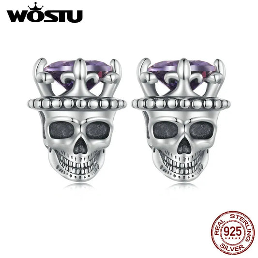 WOSTU 925 Sterling Vintage Silver Punk Jewelry Skull Crown Stud Earrings Women Carved Purple Zircon Personalized Hip Hop Gift