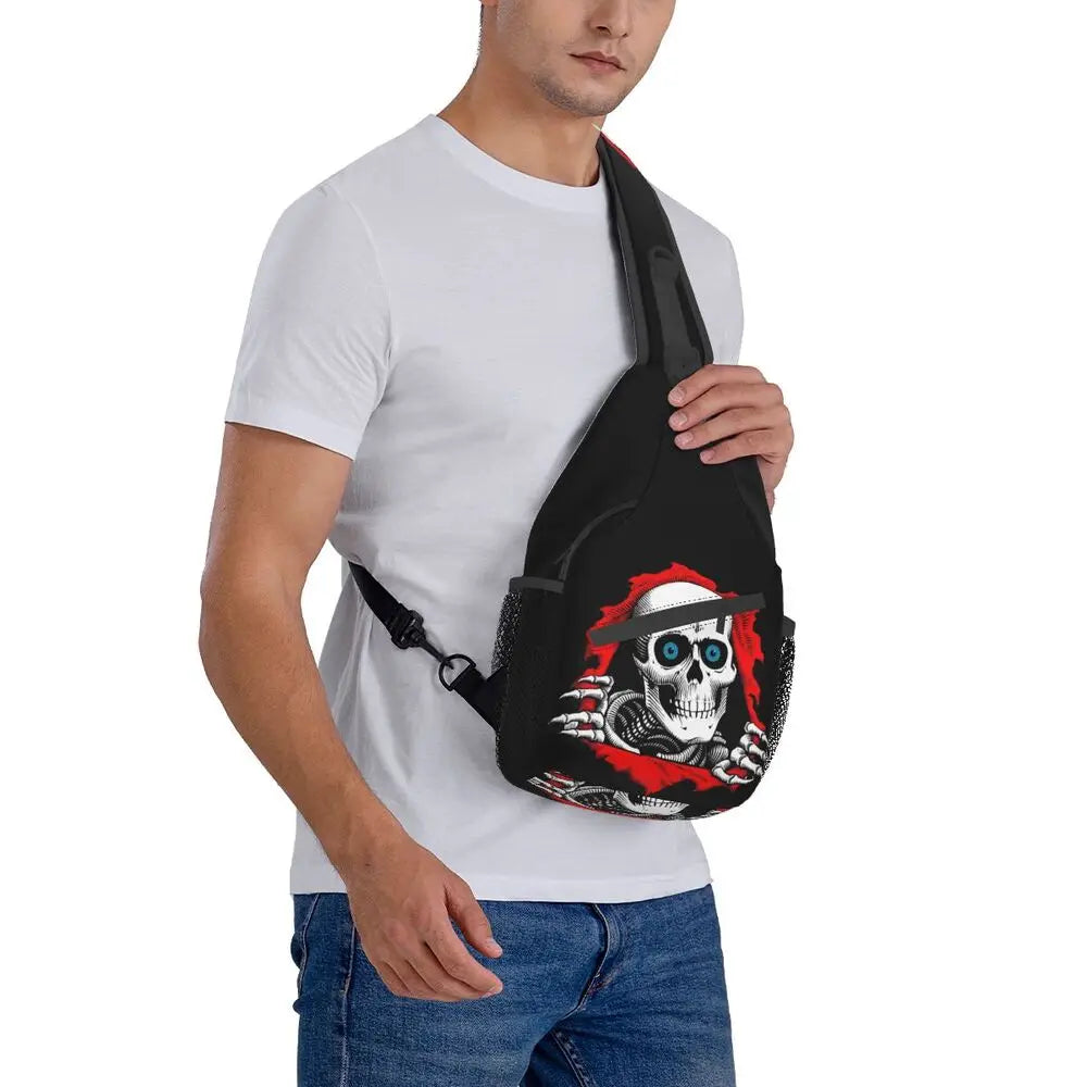 Gothic Skeleton Death Skull Sling Chest Bag Custom Crossbody Shoulder Backpack for Men Cycling Camping Daypack