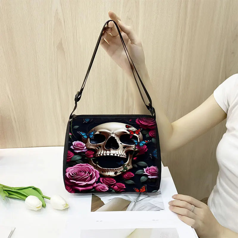 Horror Skull with Rose and Butterfly Printing Shoulder Bag Skull with Flower Handbag Phone Holder Daily Outdoor Travel Bag