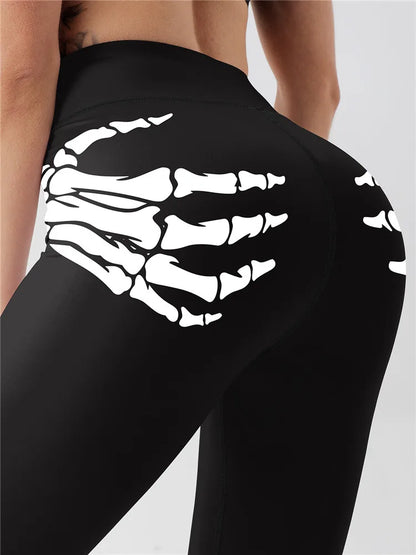 Offset printed claw skull printed women's yoga leggings, high waisted fitness running sports stretch pants