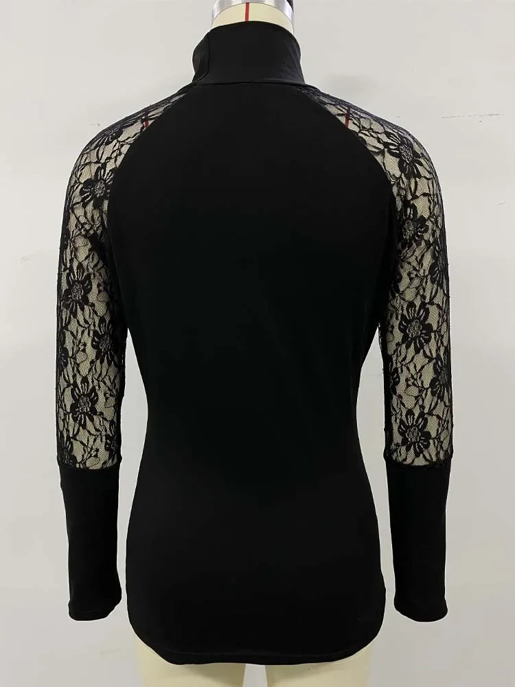 Zircon Skull Head Lace T-shirt Women Sexy Slim High Collar Long Sleeve Tee Female Gothic Black Tops