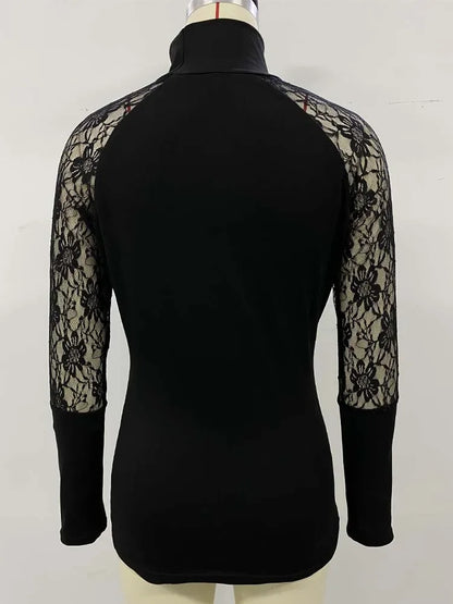 Zircon Skull Head Lace T-shirt Women Sexy Slim High Collar Long Sleeve Tee Female Gothic Black Tops