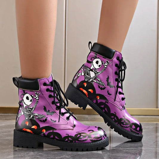 Skull Print High-Top Sneakers Women's Boots Autumn Winter Fashion Lace Up Purple Ankle Boots Plus Size Punk Gothic Shoes