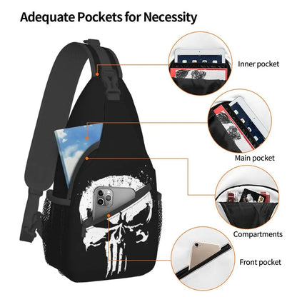 Vintage Skeleton Punishers Skull Crossbody Sling Backpack Men Custom Chest Shoulder Bag for Cycling Camping Daypack