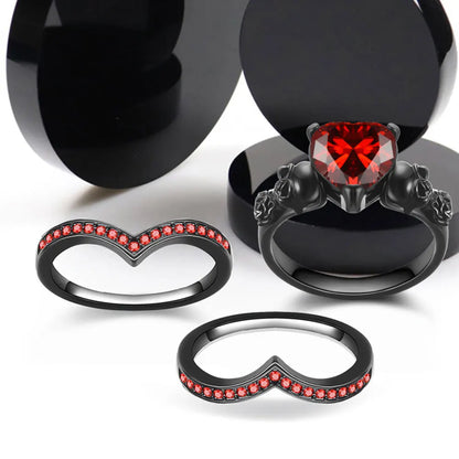 Gothic Skull Black Rings Set Women Rose Flower Red Purple Heart Zircon Crystal Christmas Anniversary Party Biker Jewelry