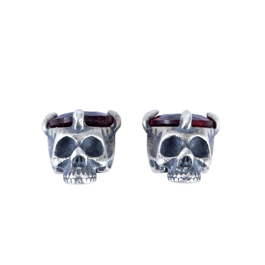 MKENDN 100% 925 Sterling Silver Creative Retro Skull Stud Earring With Wine Stone Punk Style Ear Pin for Women Fine Jewelry