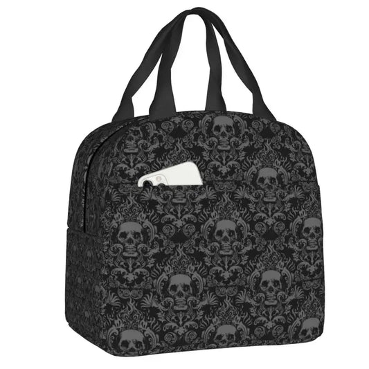 Vintage Halloween Gothic Black Skull Damask Lunch Bag Portable Thermal Cooler Insulated Bento Box For Women Kids Food Tote Bags