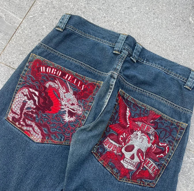 New Loose Jeans with Skull Embroidery Fashionable Harajuku Y2K Women's Casual Street Retro High Waisted Wide  Straight Leg Pants