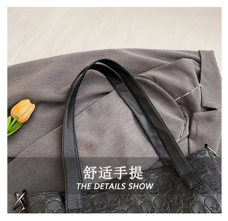 New Black Leather Tide Rivets Big Bag Printing Flower Skull Shoulder Bag Handbag Fashion Leisure Women's Bags