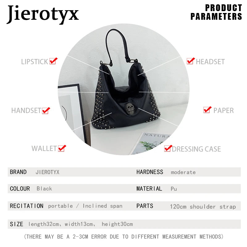 JIEROTYX Punk Skull Women Shoulder Bags Large Capacity Fashion Rivet Ladies Handbag Black Leather PU Tote Cossbody Great Quality