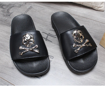 New Arrival Women Genuine Leather Skull Slippers Men's Solid Flat Non-slip Rubber Soles Metal Skull Slides Unisex