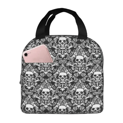 Vintage Halloween Gothic Black Skull Damask Lunch Bag Portable Thermal Cooler Insulated Bento Box For Women Kids Food Tote Bags