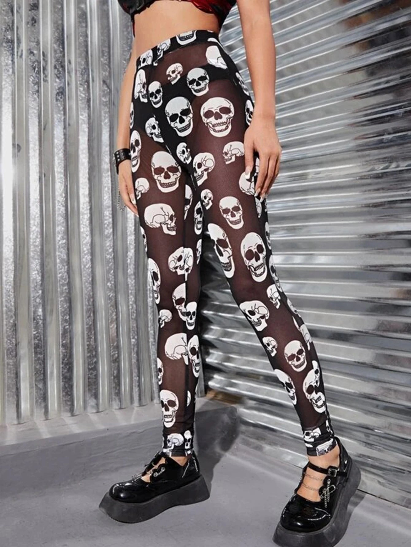 Summer Thin Mesh Breathable Nine Point Pants With Elastic Skull Leggings Fashion Skull Printed Mesh Nine Point Pants Women