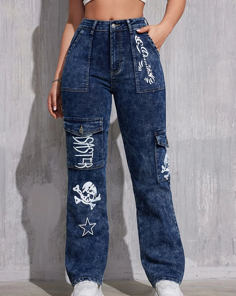 Retro Streetwear Y2K Jeans Harajuku Gothic Hip Hop Skull Watermark Baggy Trousers Casual Loose Straight Wide-leg Pants