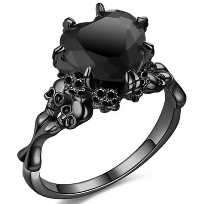 Skull Gothic Black Ring Heart-shape Red Crystal Vampire Double Skull Rings Black for Women Party Wedding Jewelry