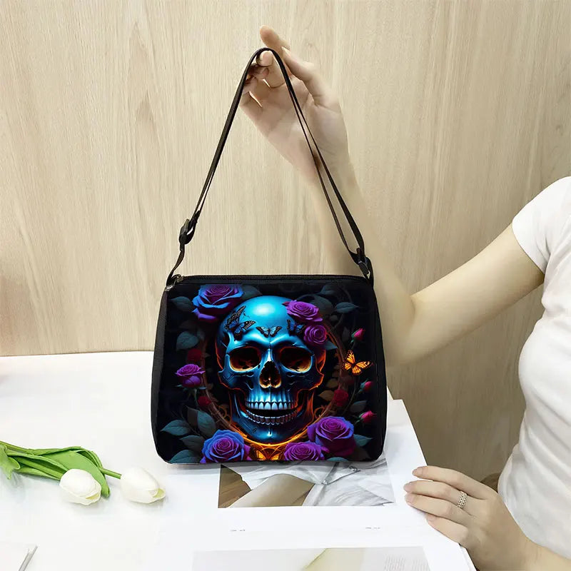 Horror Skull with Rose and Butterfly Printing Shoulder Bag Skull with Flower Handbag Phone Holder Daily Outdoor Travel Bag