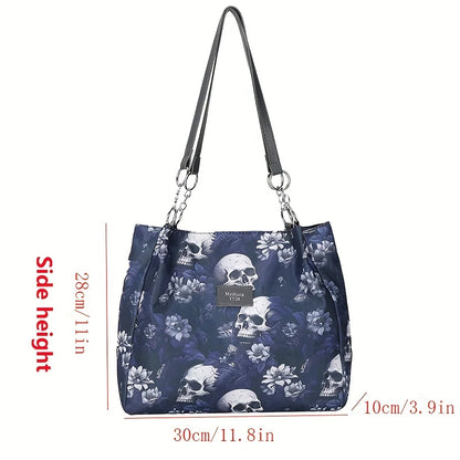 Gothic Skull Pattern Tote Bag, Large Capacity Shoulder Bag, Women's Fashion Handbag for Commute Work