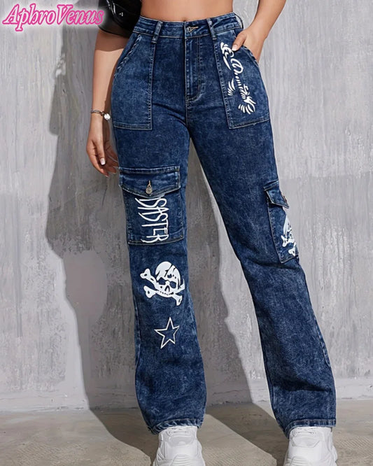 Retro Streetwear Y2K Jeans Harajuku Gothic Hip Hop Skull Watermark Baggy Trousers Casual Loose Straight Wide-leg Pants