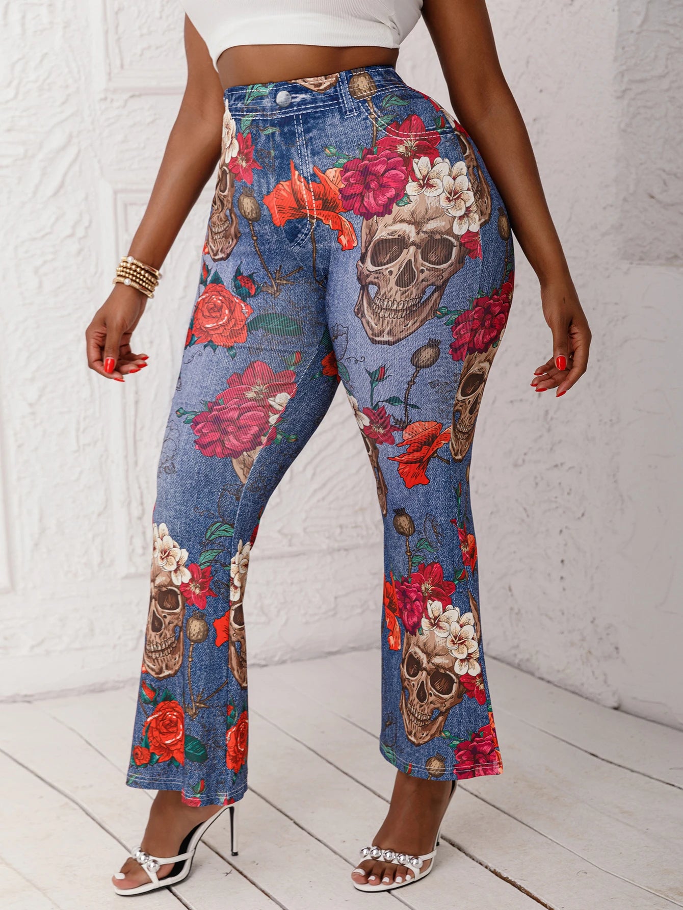 Plus Size Ladies Flared Pants Imitation Denim Skull Head Flower Print Fashion Casual High Elastic Trousers