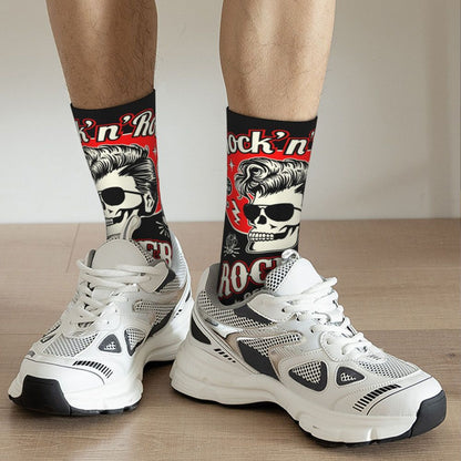 Custom Rockabilly Motorcycle Rider Rock Skull Men's Crew Socks Unisex Kawaii 3D Printed Dress Socks