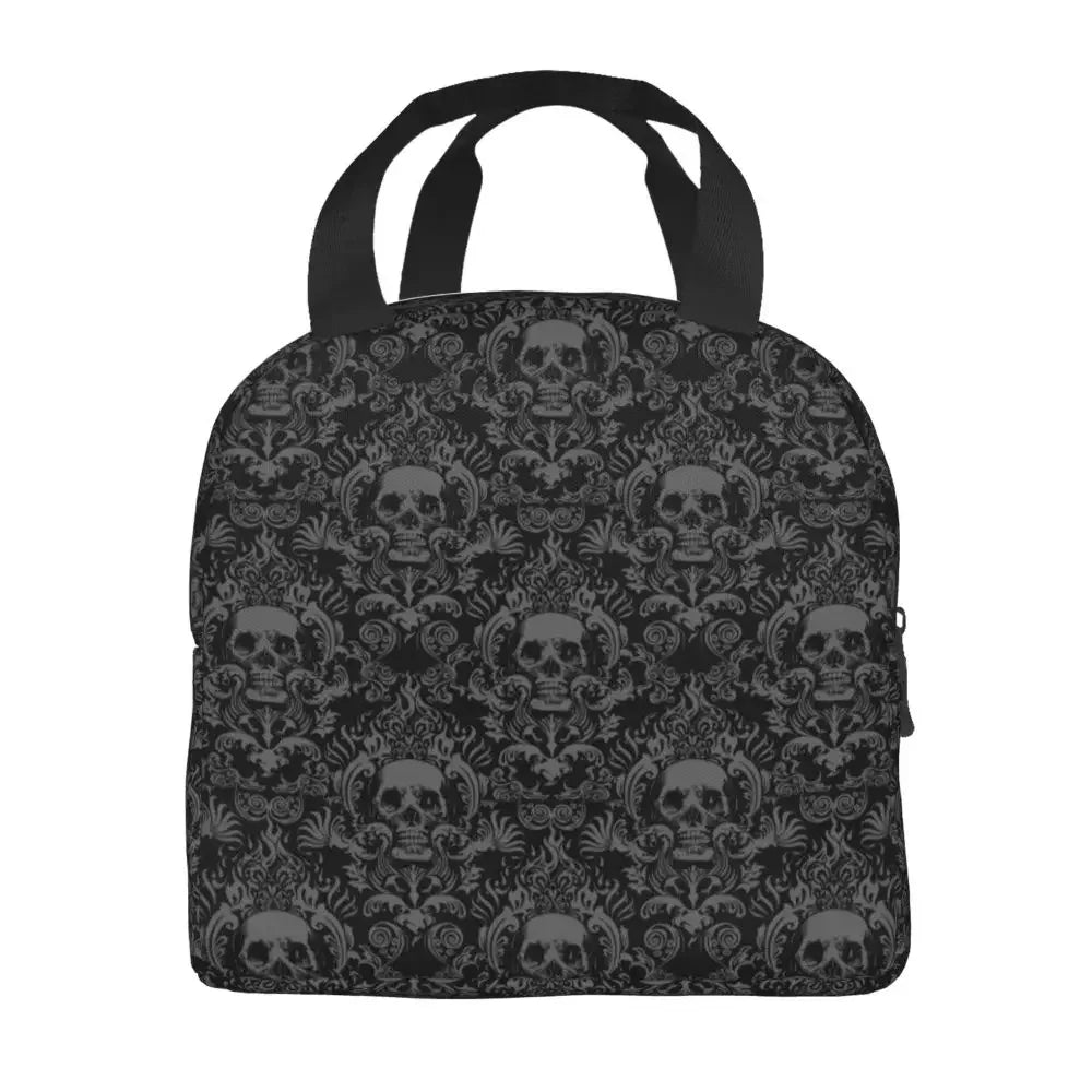 Vintage Halloween Gothic Black Skull Damask Lunch Bag Portable Thermal Cooler Insulated Bento Box For Women Kids Food Tote Bags