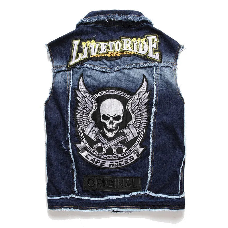 Men's Hi Street Biker Denim Vests With Rivet Skull Patches Fashion Punk Style Jean Waistcoat Personality Sleeveless Jacket