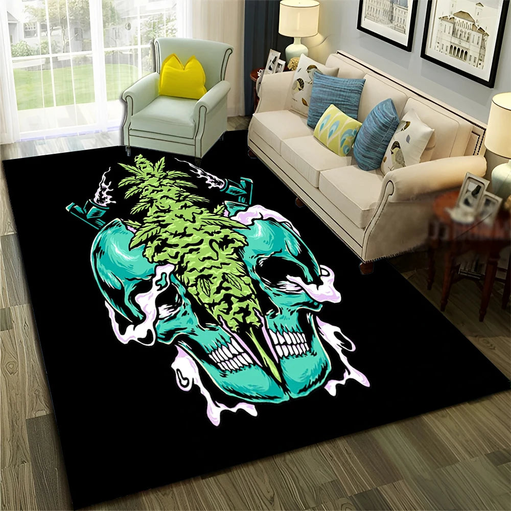 Smoke Maple Weed Plants Green Death Skull Carpet Rug for Home Living Room Bedroom Sofa Doormat Decor,Area Rug Non-slip Floor Mat