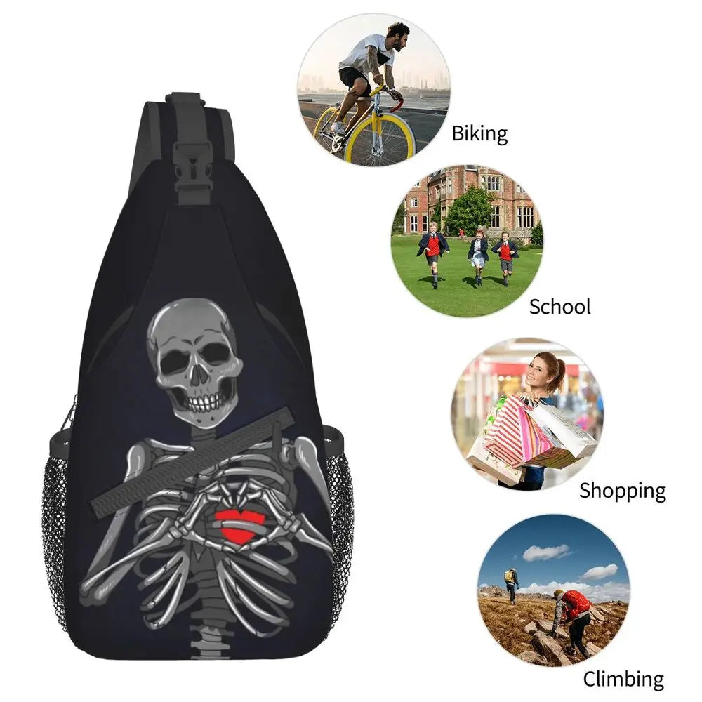 Gothic Skeleton Death Skull Sling Chest Bag Custom Crossbody Shoulder Backpack for Men Cycling Camping Daypack