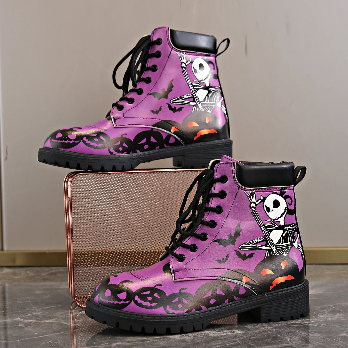 Skull Print High-Top Sneakers Women's Boots Autumn Winter Fashion Lace Up Purple Ankle Boots Plus Size Punk Gothic Shoes