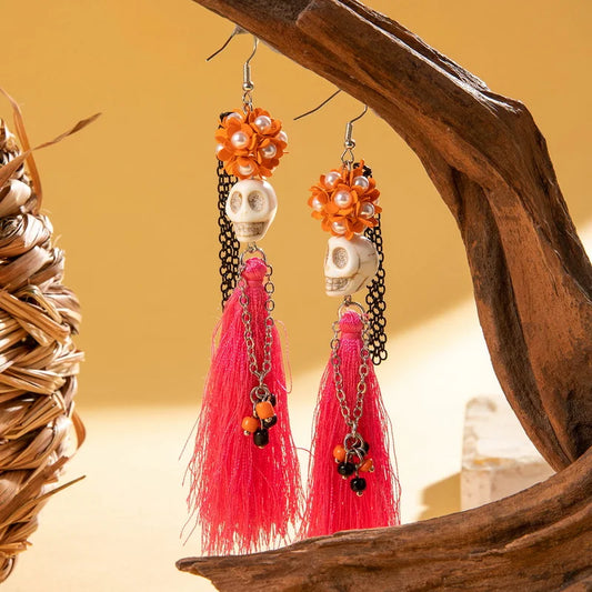 Funny Ethnic Flower Skull Drop Earrings for Women Creative Gothic Punk Long Tassel Earring Halloween Party Festival Jewelry Gift