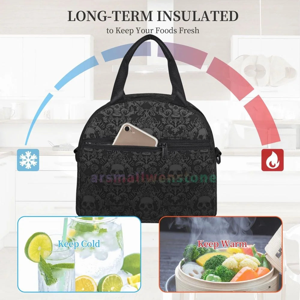 Goth Gothic Black Skull Lunch Bag for Women Portable Thermal Insulated Lunch Box Picnic Multifunction Food Tote