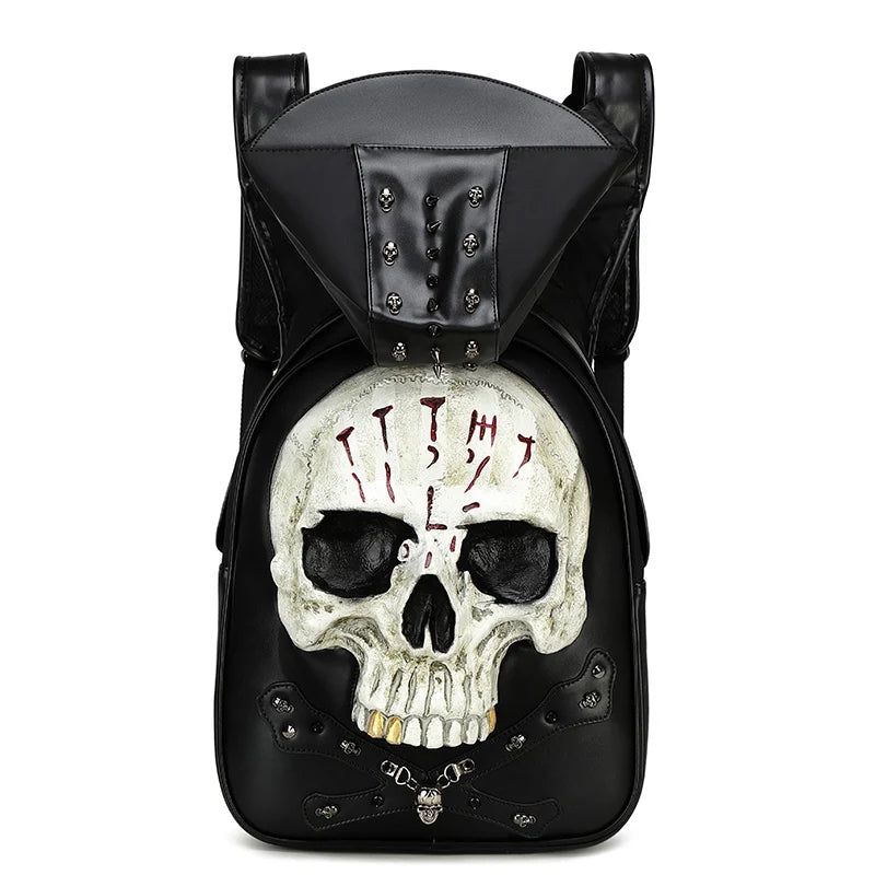 Man 3D Embossed Skull Punk Rock Gothic Leather Backpack Rivets Laptop Travel Soft Backpack With Hood Cap Women Grils Bag Hiphop