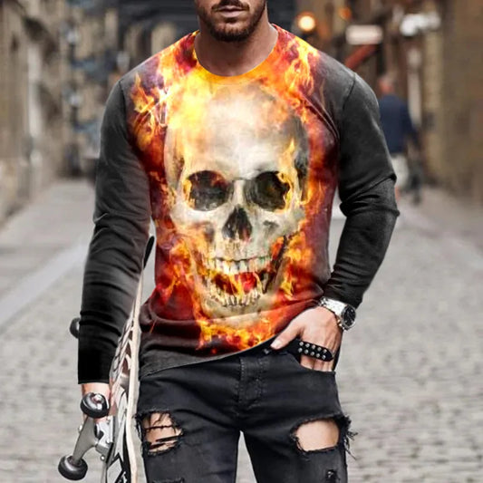 Flame Skull 3D Printed Streetwear Men's T-Shirts Long Sleeve Round-Neck Horror Halloween Man Tops Loose Gothic Round-Neck Tees