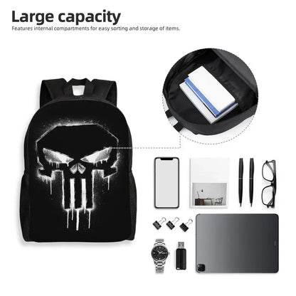 Customized Superhero Backpack Men Women Basic Bookbag for College School Punisher Skull Symbol Bags