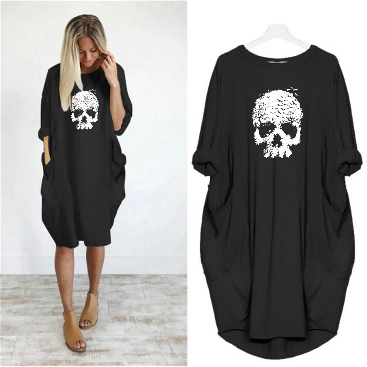 Women's Summer Loose Skull Print Round Neck Long Sleeve Pocket Comfortable Casual P lus Size Dress  ashion Streetwear Oversized