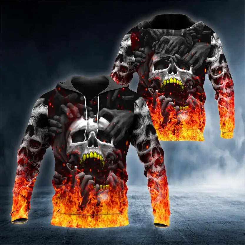 Autumn Men Hoodie Sweatshirt Vintage Skull Flaming Graphic 3D Print Casual Loose Casual Fashion Streetwear Style Men's Clothing