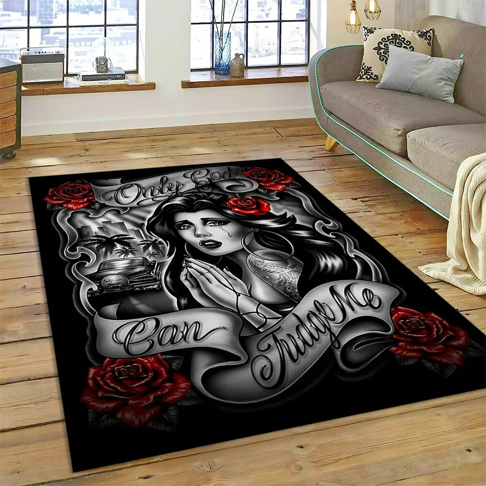 Skull Dead Girl Gothic Horror Female Rose Carpet Rug for Bedroom Living Room Home Sofa Decoration,Kid Game Large Decor Floor Mat