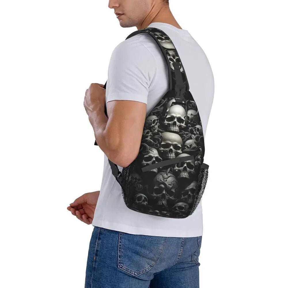 Gothic Skeleton Death Skull Sling Chest Bag Custom Crossbody Shoulder Backpack for Men Cycling Camping Daypack