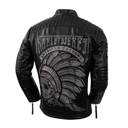 Indian Skull Embroidery Motorcycle Jacket Real Cowhide Leather Mens Motor Riding Coat Bomber Clothes Autumn Winter