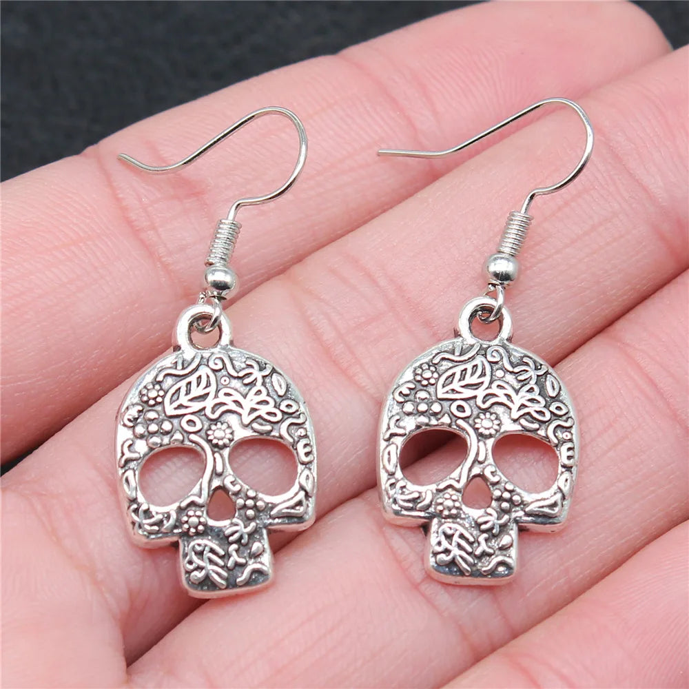 Fashion Handmade Simple Design Antique Silver Color Skull Pendant Earrings Dropshipping Drop Earrings