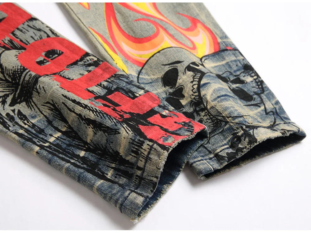 Men Graffiti Print Stretch Denim Jeans Flame Skull Devil Painted Slim Tapered Pants Streetwear Vintage Pockets Cargo Trousers