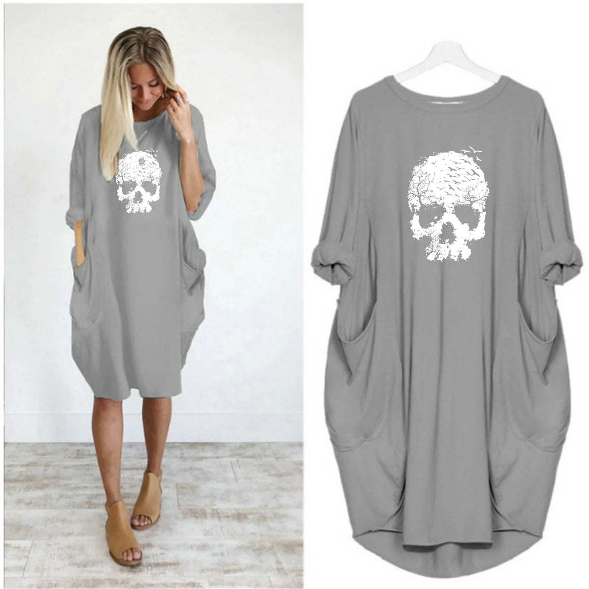 Women's Summer Loose Skull Print Round Neck Long Sleeve Pocket Comfortable Casual P lus Size Dress  ashion Streetwear Oversized