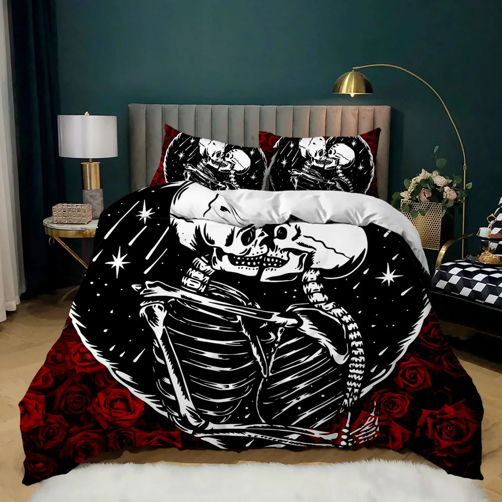 Halloween Skull Duvet Cover Soft King Size 3D Skull Printed Bedding Quilt Cover with Pillowcase for Lovers Bedding Set for Adult