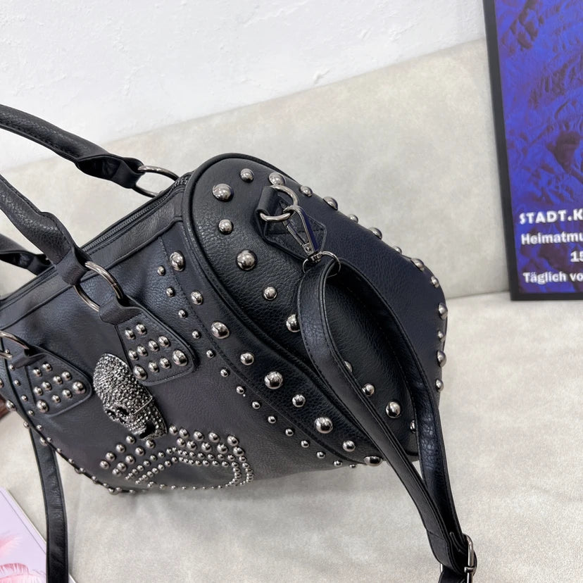 JIEROTYX Trendy Metal Skull Studded Black Handbags Gothic Rivet Womens Purse Satchel Handbag Shoulder Bags Large Capacity