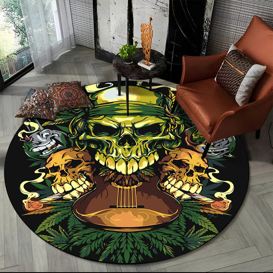 3D Smoke Maple Weed Plants Green Death Skull Round Carpet Rug for Living Room Bedroom Kids Decor,Pet Area Rug Non-slip Floor Mat